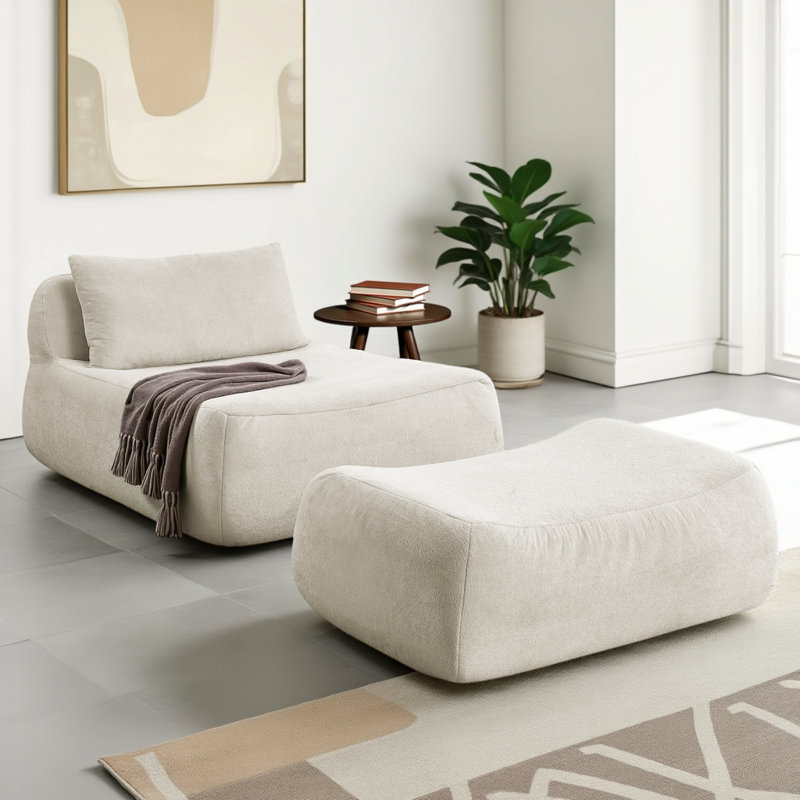 Canapé-lit moderne en chenille confortable avec coussin et repose-pieds, Beige