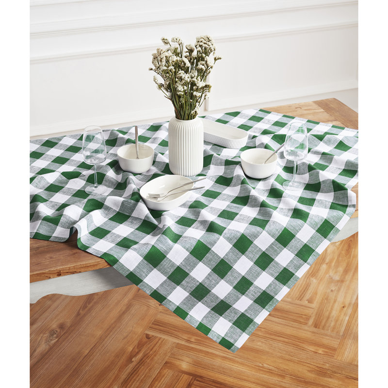 Fete - 100% Pure Linen Table Throw, Checkered, Green/White