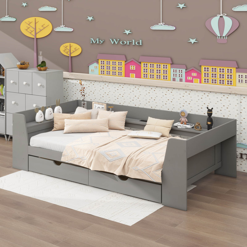 Lit de jour simple avec tablettes intégrées et tiroirs, Grey