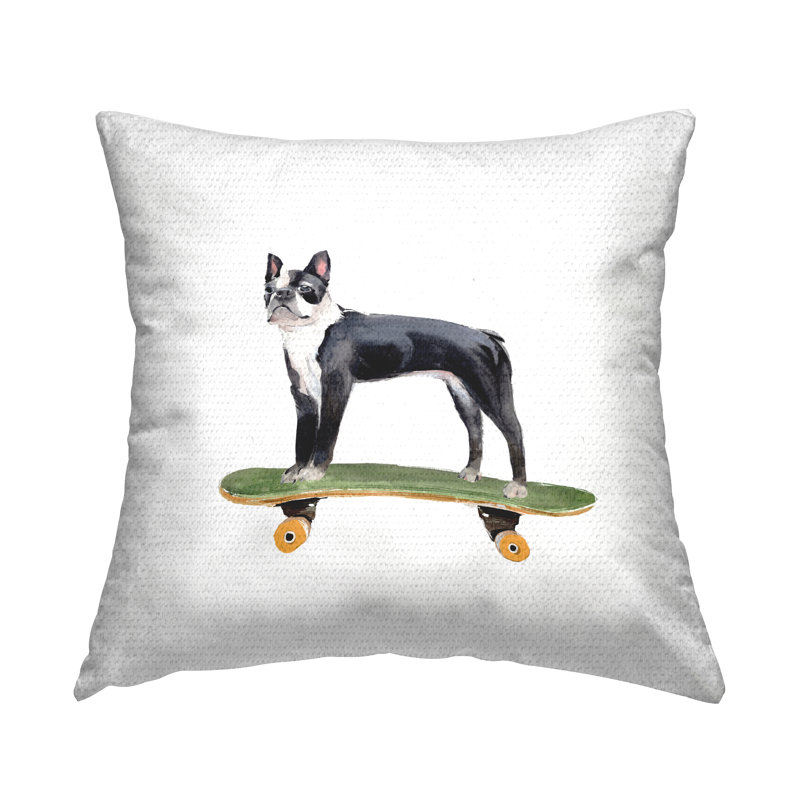 Coussin Curious Boston Terroir Pet Dog on Green Skateboard