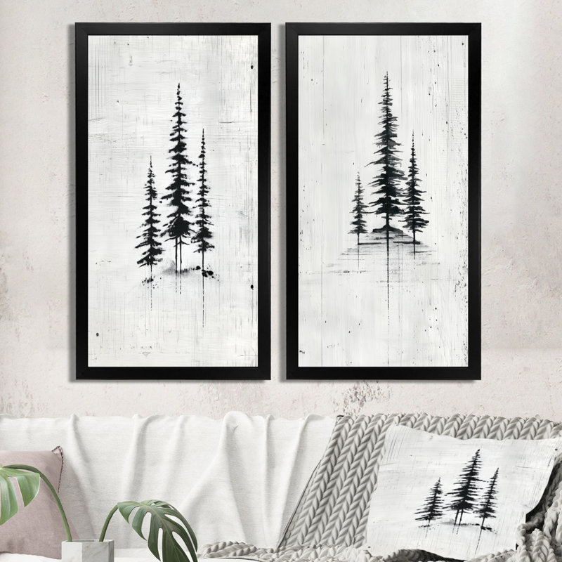 «Black Grey Winter White Pine Trees Forest», impression sur toile 2 pièces, H 32 po x l 32 po, Cadre naturel flottant