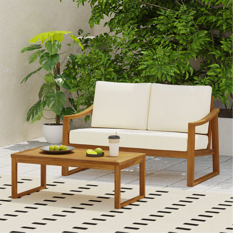 Table basse et causeuse, Coussin beige / structure en teck