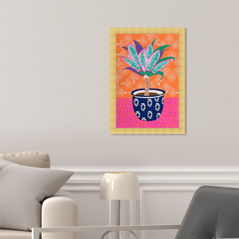 Pot de plantes à motif coloré - peinture sur papier, H 17 po x l 12 po, Papier avec cadre doré