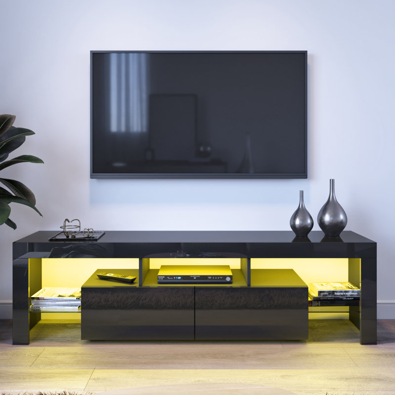 Birchfield 160Lx35Wx45H cm High Gloss TV Stand/TV Cabinet, 2 Drawers 3 Storage, RGB Remote, 16W, Fits 65" TVs   , Black