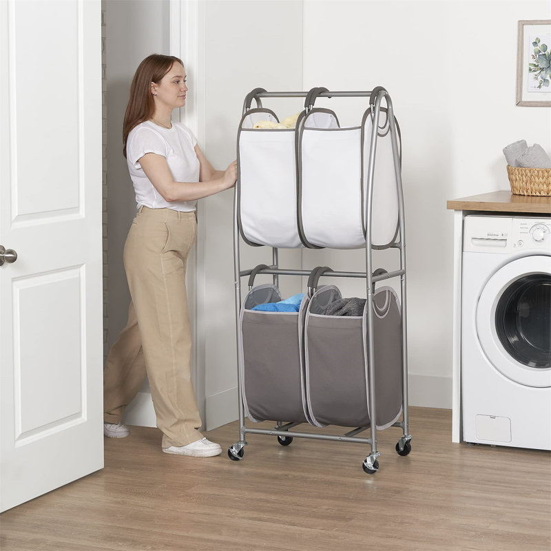 Gray and White Collapsible 4-Bag Laundry Sorter with Wheels