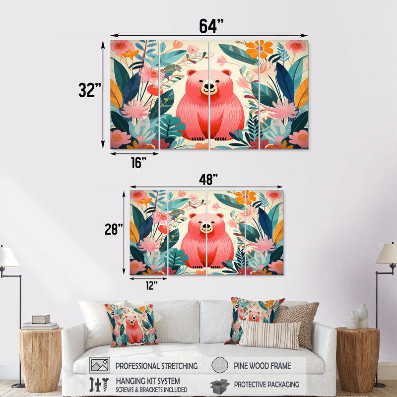 «Pink Tropical Bear Harmony I», art mural 4 pièces, H 28 po x l 48 po