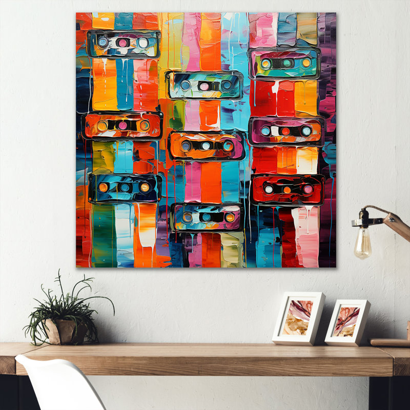 Cassettes colorées abstraites et mélodiques V - Cassette, art mural en métal, H 16 po x l 16 po