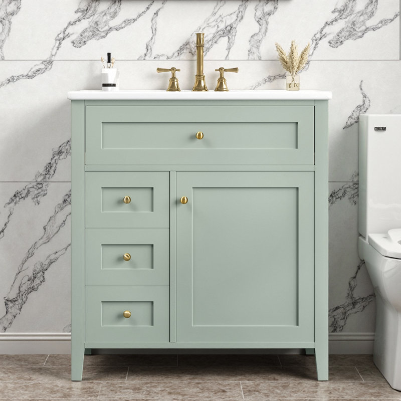 Bathroom Vanity with Drawers and Cabinet - Modern Storage Vanity Organizer, Green/Gold, 30"