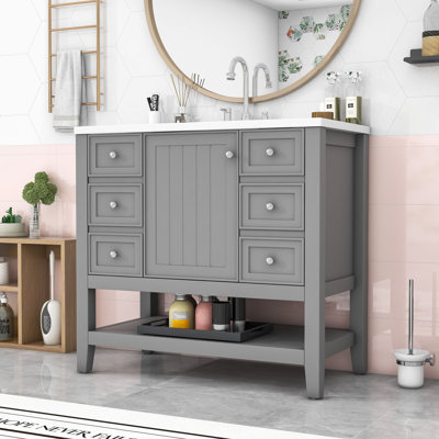 Meuble-lavabo simple 36 po avec plateau en céramique, tiroirs de rangement et tablettes ouvertes Rhemy