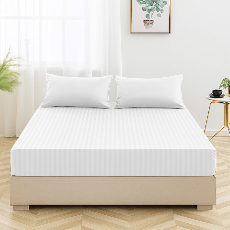 Shaneca Microfiber Striped Fitted Sheet - Ultra-Soft, Fade-Resistant, Deep Pocket Fit, White, Kingsize (5')