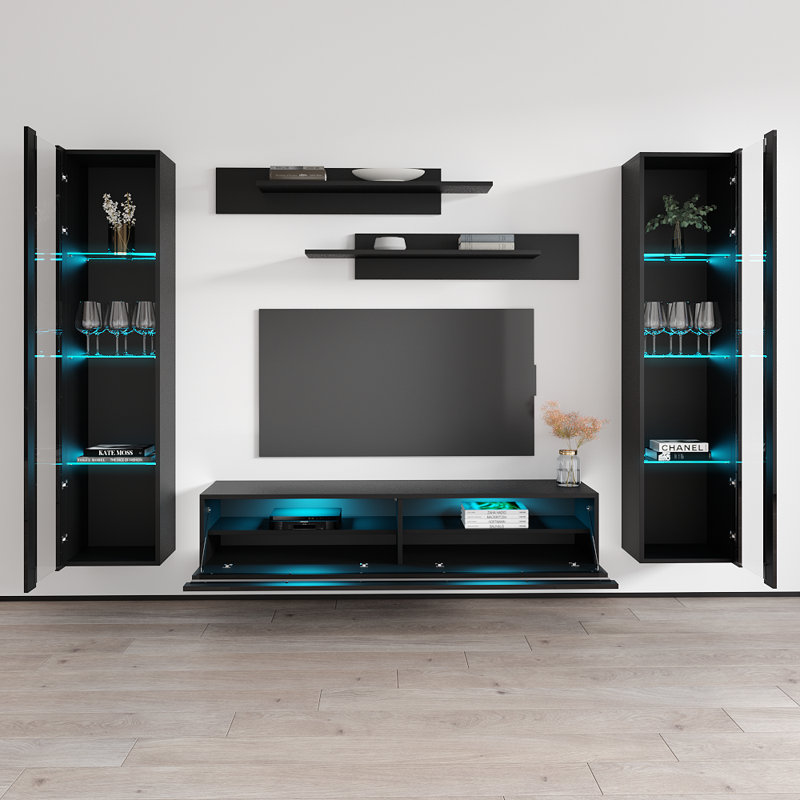100" Modern Floating Wall Mounted Entertainment Center with 16-Color LED Lighting, High Gloss Finish, Black