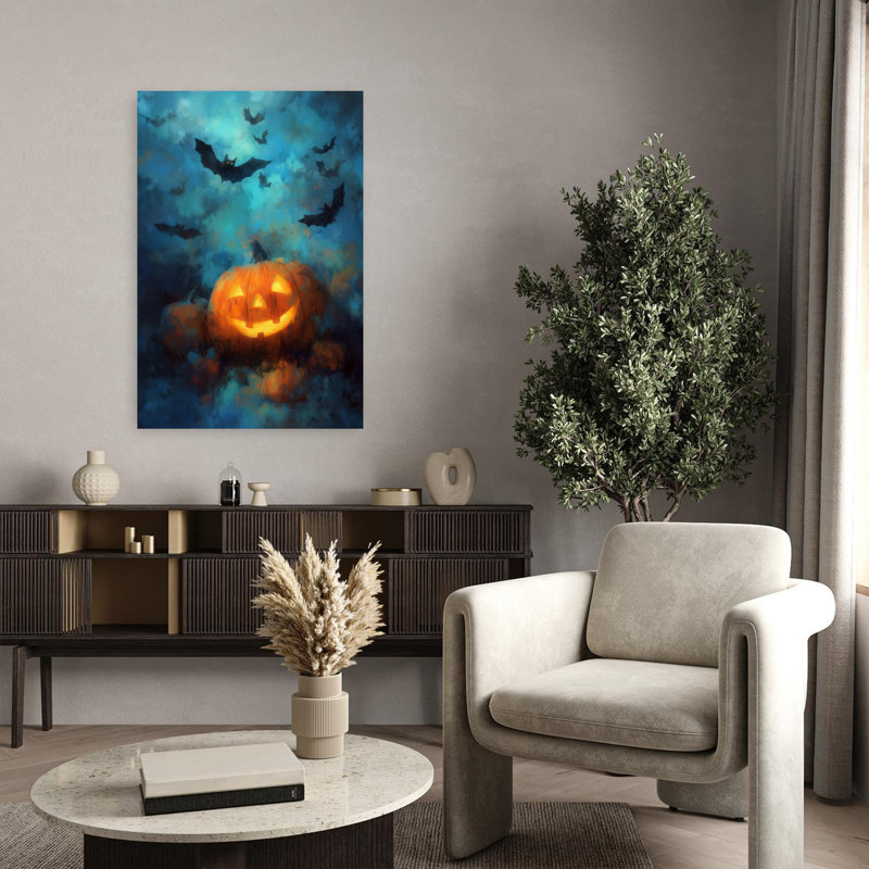 Pumpkin Halloween Night Contemporary Bat Wall Art Print 1 Piece Wrapped Canvas Wall Art, 91.44cm H x 60.96cm W