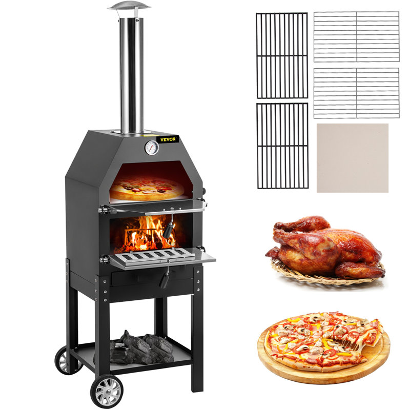 Black Steel 2-Layer Outdoor Gas Pizza Oven with Wheels