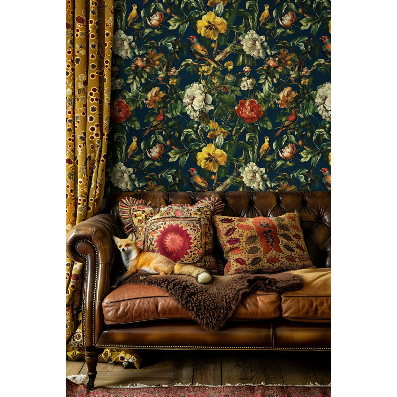 Papier peint adhésif avec oiseaux exotiques et motif floral richement détaillé
