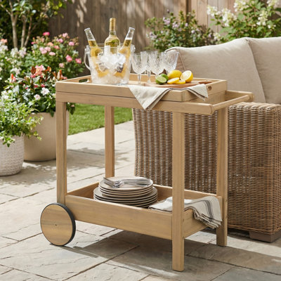 Rowan Modern Coastal Acacia Wood Outdoor Rolling Bar Cart with Removable Tray and Two-Tier Storage Shelf