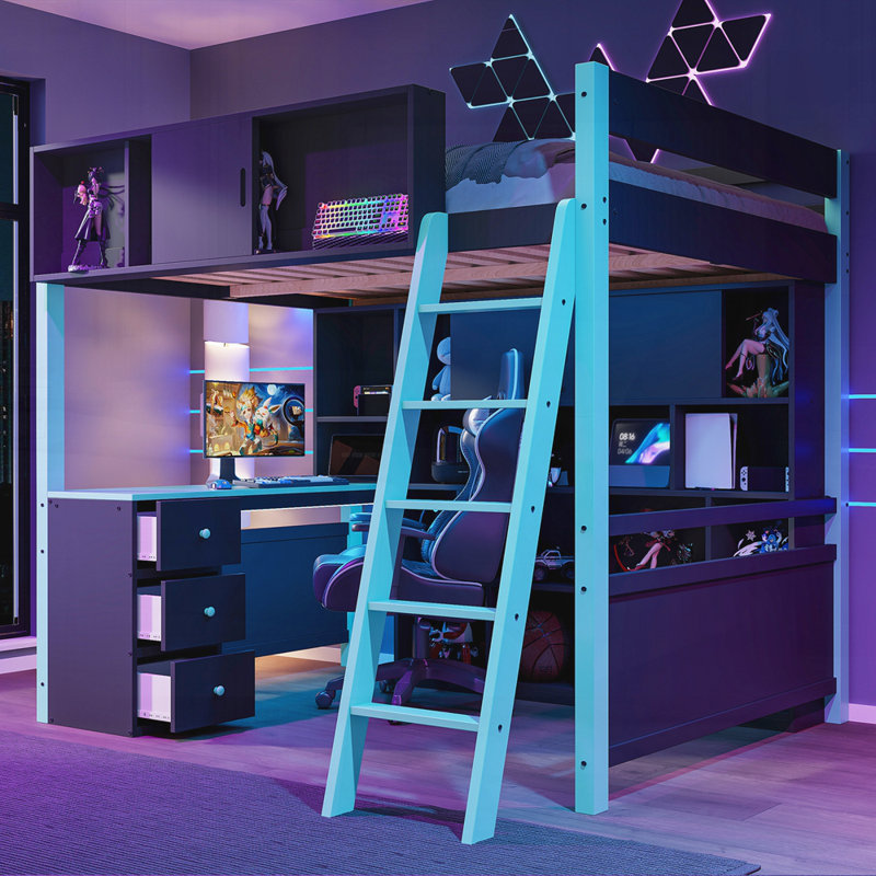 Lit mezzanine en bois avec bureau, grand espace de rangement et lumière, Bleu