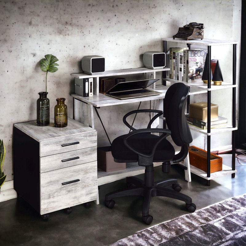Bureau d'écriture, blanc antique et noir avec tablette supérieure, Gris / Noir