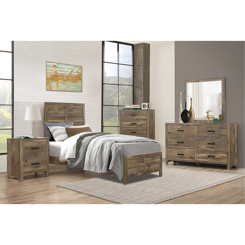 Mobilier de chambre à coucher en bois de style rustique avec motif de ligne moderne patiné, Lit simple