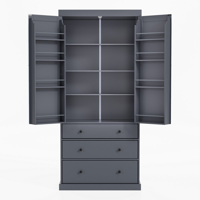 Spacieux garde-manger de style campagnard de 77 pouces avec 3 tablettes réglables, 8 tablettes de porte et 3 tiroirs pour un rangement organisé