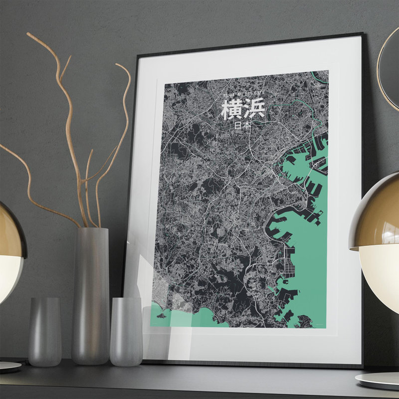 Yokohama (japonais), impression de carte de la ville, H 36 po x l 24 po, Vert/gris