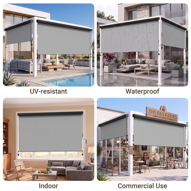 Store à enroulement extérieur sans cordon l 10 pi x H 8 pi, stores de patio intégrés avec tissu amélioré de 420 g / m² pour une protection contre les rayons UV et l'intimité à 95%, pare-soleil pour espaces intérieurs et extérieurs