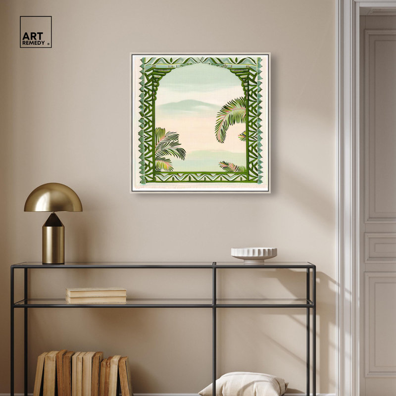 «Palm View Vista», art côtier moderne par , H 31 po x l 31 po, Cadre flottant, Argent argent
