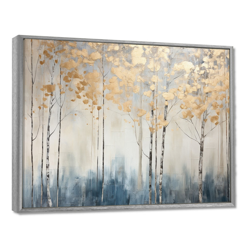 Minimalisme bleu et forêt dorée II - forêt, art mural, H 24 po x l 32 po x P 1 po, Encadrement argenté