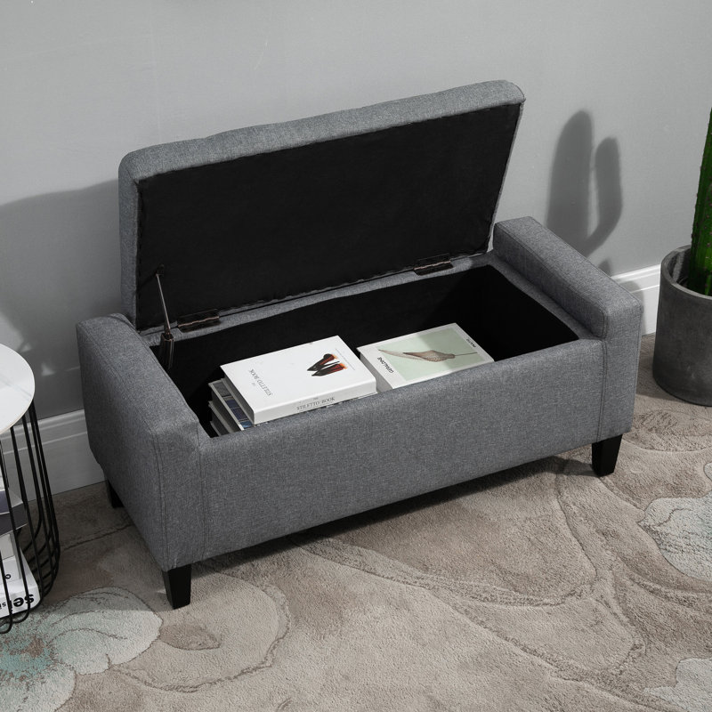 Gray Linen Upholstered Storage Bench with Lift Top