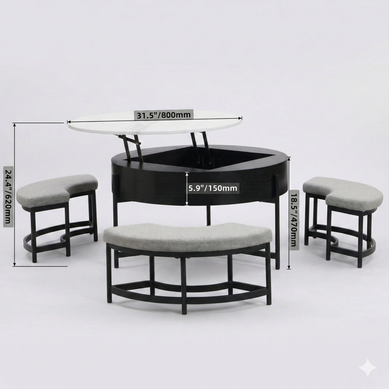 Table basse moderne à plateau relevable avec rangement, accompagnée de 3 repose-pieds en blanc et noir.