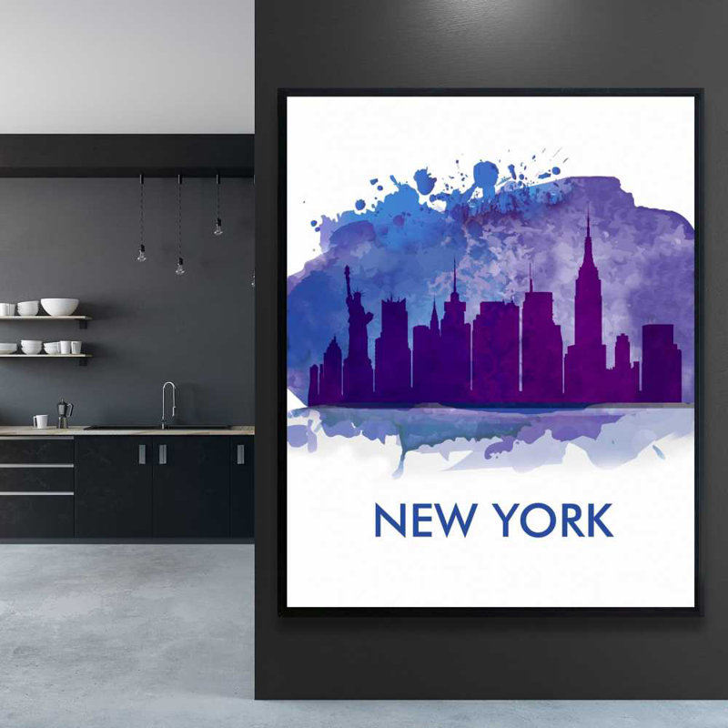 Silhouette bleue de New York | Toile encadrée rétro mauve