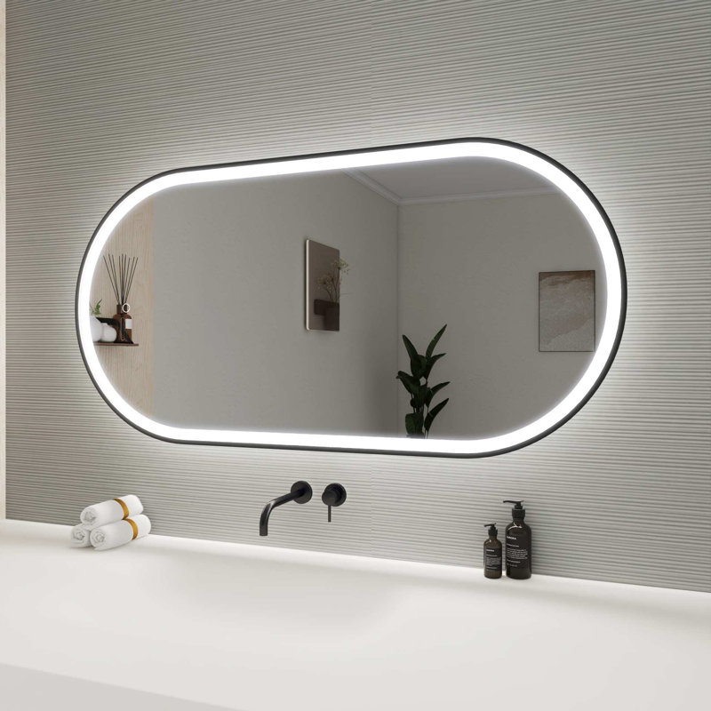 48 Inch Oval LED Front and Backlit Wall Mirror in Black, Black, 48" x 24"