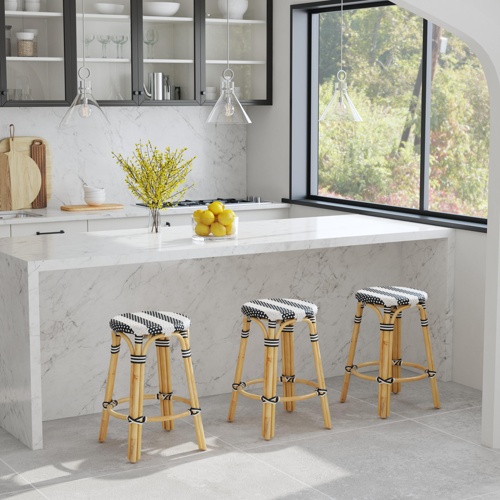 Alastair Bar & Counter Stool, Counter Stool (24" Seat Height), White/Navy Stripe/Natural Rattan Frame