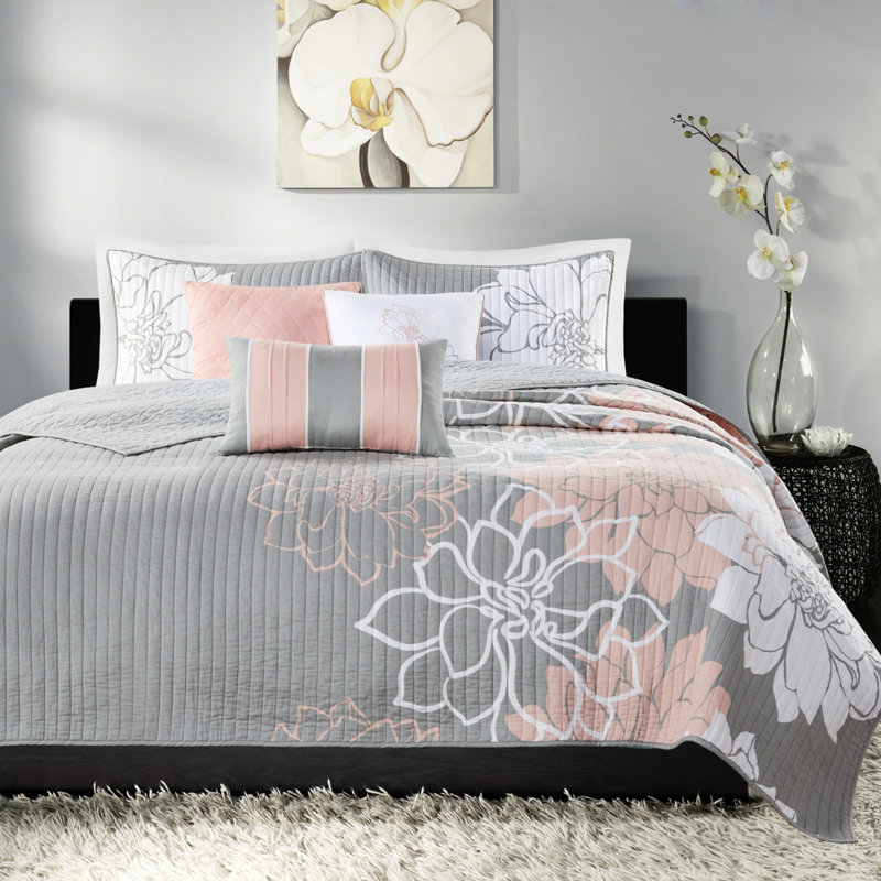 Grey/peach Printed Cotton Quilt 6 Piece, Full/queen, Reversible Softness, Floral Design, 3 Decorative Pillows Included Piece , Grey/peach, Cotton, Warmth, Stylish Pillows, Bedding