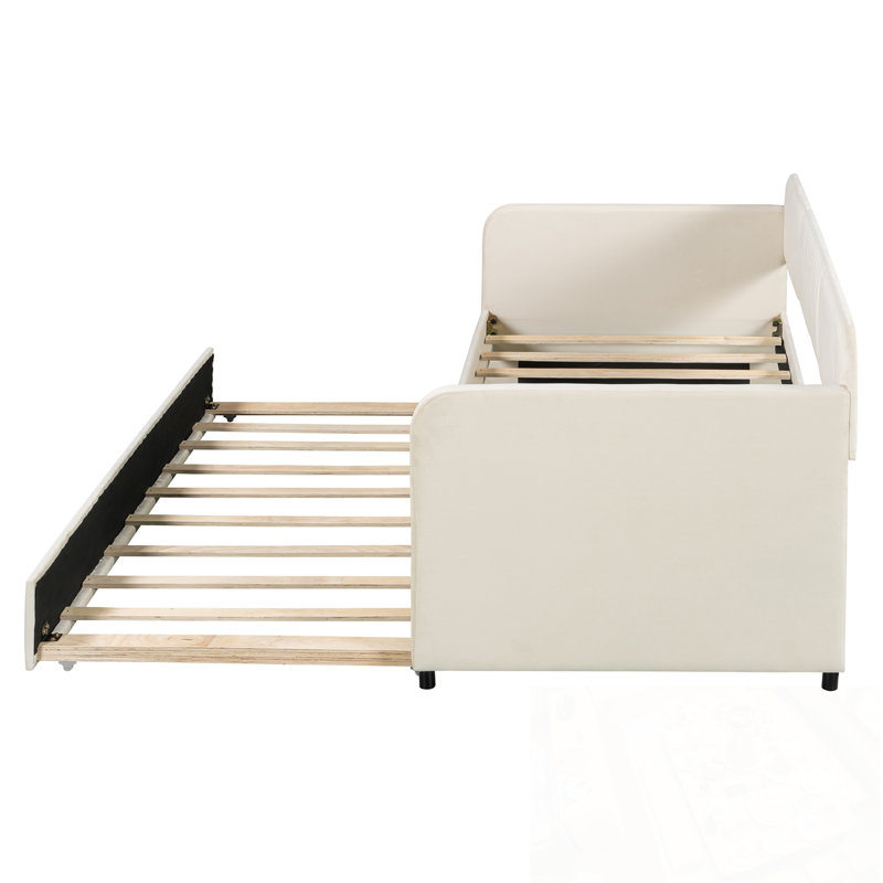 Twin Size Upholstered Daybed with Trundle, Beige