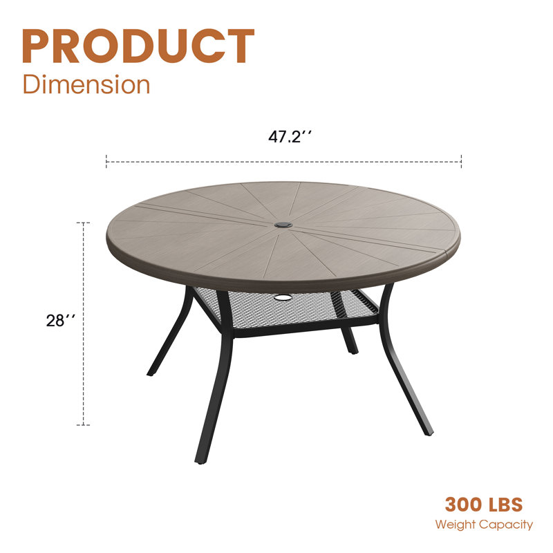 6-Person Aluminum Round Patio Dining Table, Brush Wood Gray