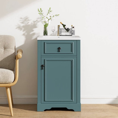 20" Bathroom Vanity with Ceramic Sink – Soft-Close Door, Adjustable U-Shaped Shelf & Door-Mounted Storage Rack, Solid Wood Frame, Compact Freestanding Cabinet for Small Bathrooms