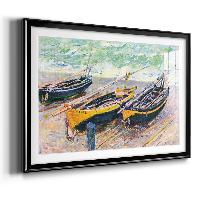 Quai d'Étretat (trois bateaux de pêche) encadré sur papier par Claude Monet, Noir, H 30 po x l 44 po x P 1,5 po