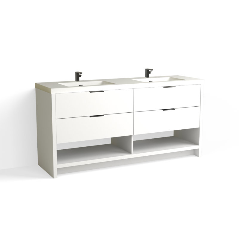 Vue 72" W Freestanding Double Bathroom Vanity, Glossy White/Single, Matte Black, White Nanomatte