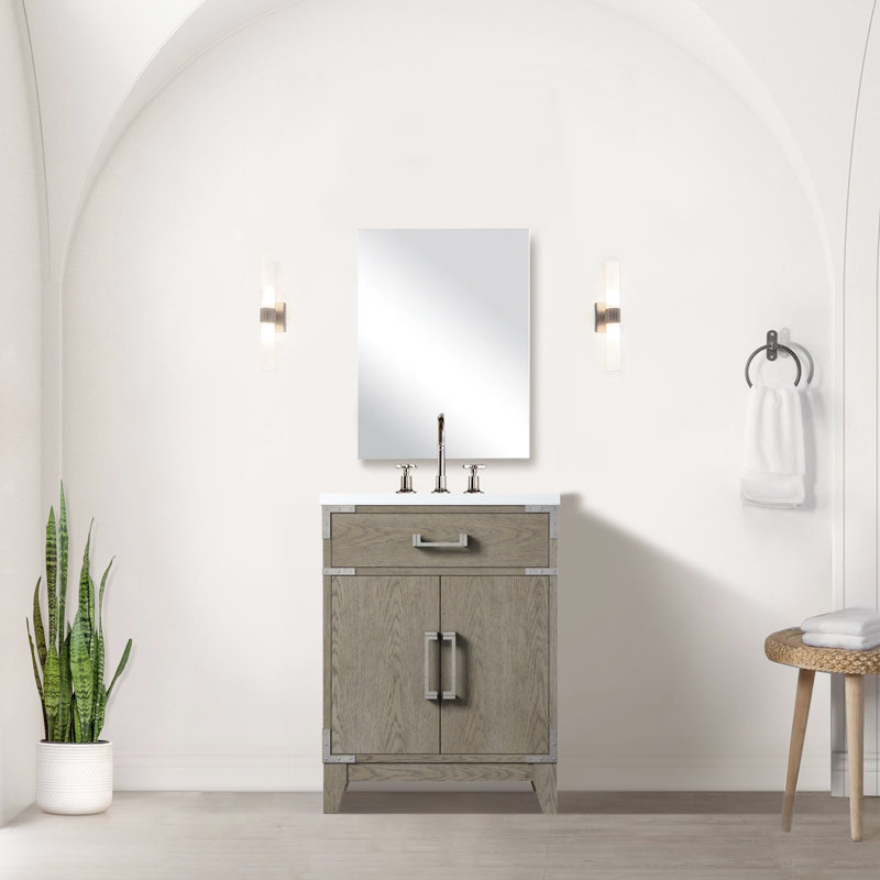 Meuble-lavabo en chêne gris 61 cm (L) x 46 cm (P) avec comptoir en acrylique, robinetterie, miroir de 46 cm et plateau de 61 cm inclus.