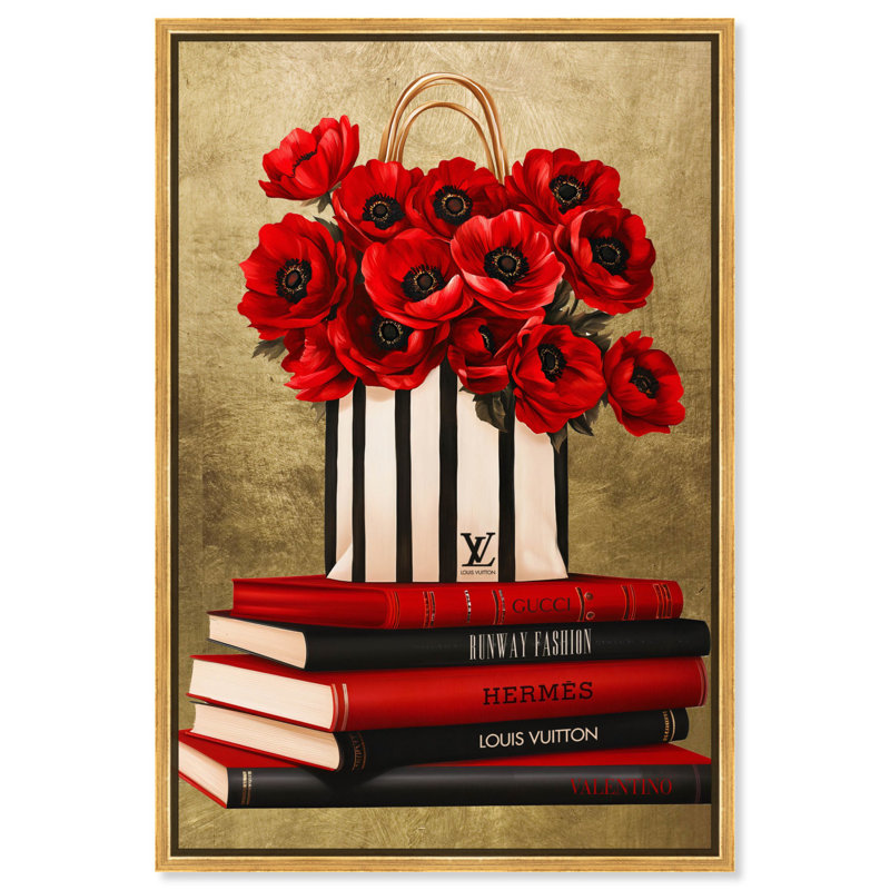 Illustration de mode sur toile fantaisie et livres par , H 31 po x l 21 po, Cadre flottant doré