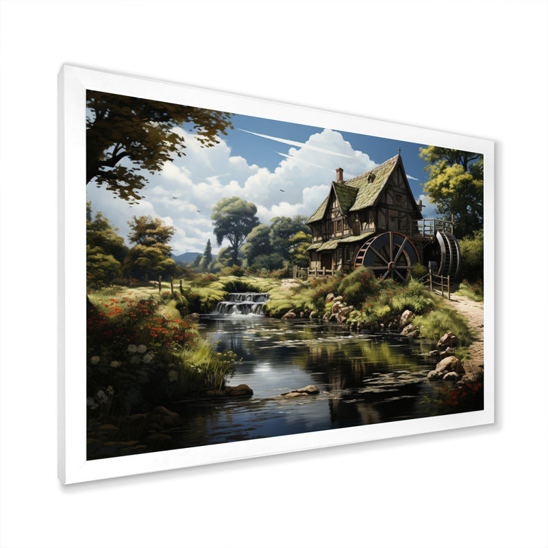 «Green Brown Mills Summer Mill Serenity», reproduction sur toile, H 30 po x l 40 po x P 1,5 po, Cadre simple blanc
