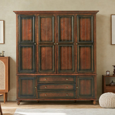 Clashyee Solid Wood 78.74" H Armoire Wardrobe Closet With 3 Drawers & Soft Close, Luxurious 4-Door Wardrobe For Bedroom, Reddish Brown