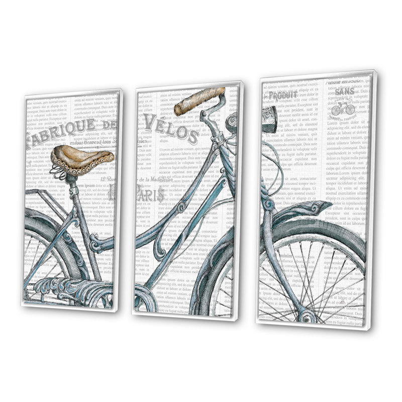«Paris France Bicyclcles III», reproduction de cadre flottant 3 pièces sur toile, L 36 po x H 28 po, Cadre blanc