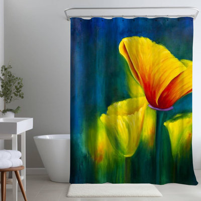 Floral Botanical Blue – Colorful Home – Polyester Shower Curtain, Dye Sublimation Print, 71" W × 74" L