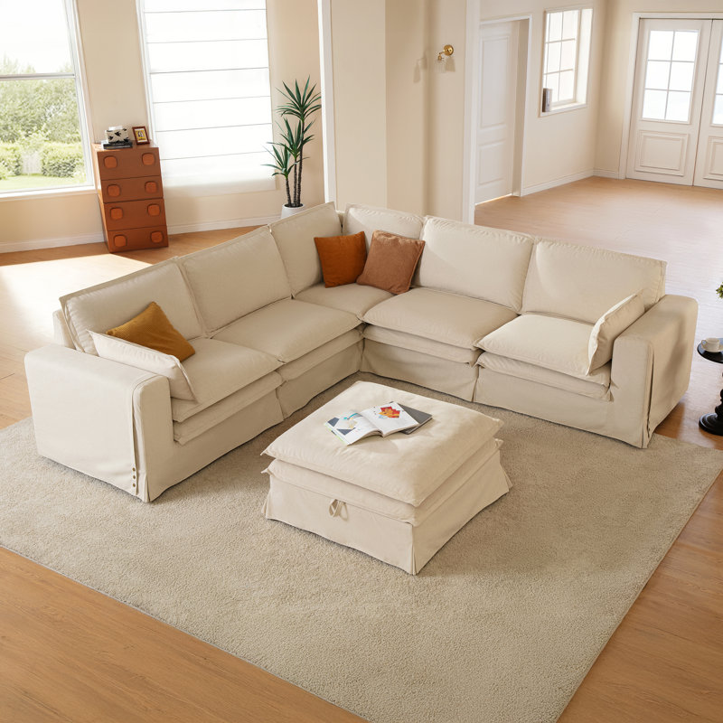 L-shaped Pet-Friendly Fabric Oversized Enveloping Feel Double-decker Sofa With A Storage Ottoman, Beige Polyester