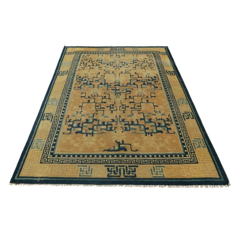 Mid-19Th-Century Antique Ningxia Rug, Gold With Geometric Patterns - Rug & Kilim