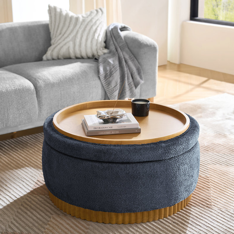 Lessman Modern 35"W Solid Wood Cocktail Ottoman with Storage and Reversible Tray Top, Slate Blue