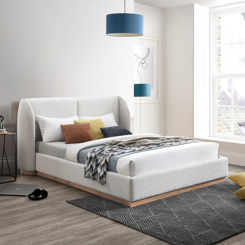Full Size White Upholstered Wood Frame Bed with Headboard