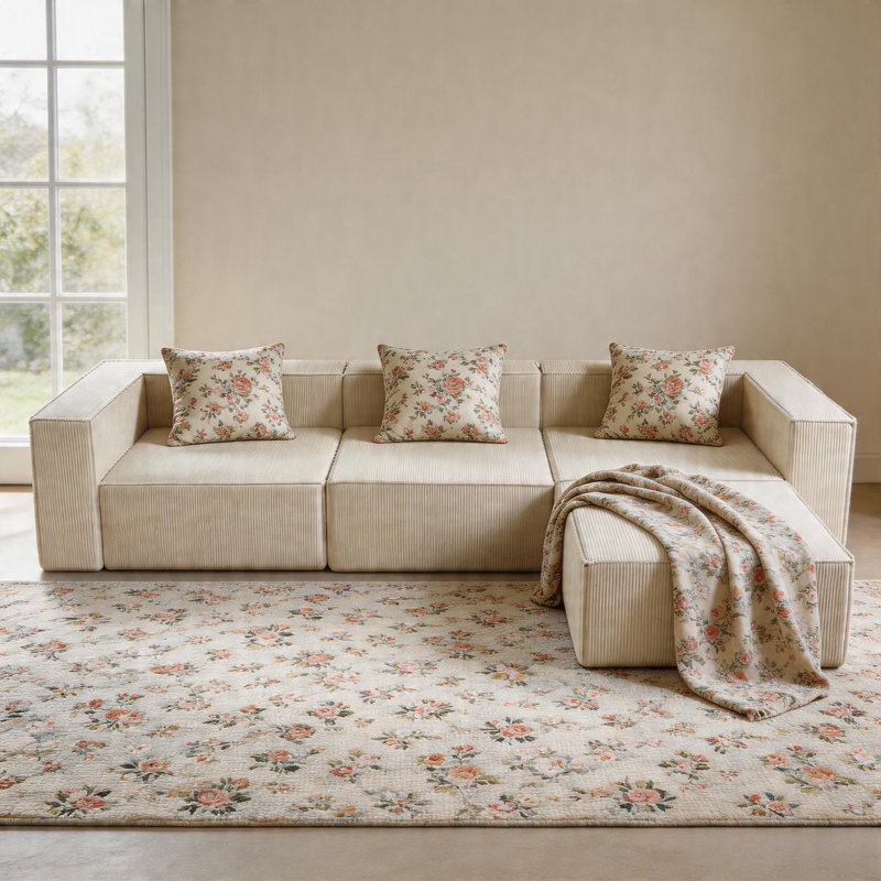 108" Luxury Corduroy Large Compression Module Couch Sofa With Ottoman For Living Room, Beige