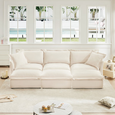 120" Oversized 3 Seater Sofa For Living Room Soft Slipcovered Sofa With 3 Ottomans and Sturdy Frame